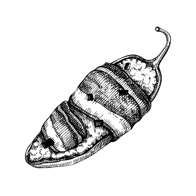 Stuffed jalapeno chili pepper sketches. Hot spices, vegetarian, healthy food hand drawn vector illustration. Mexican cuisine menu design elements. Mexican restaurant food dishes.